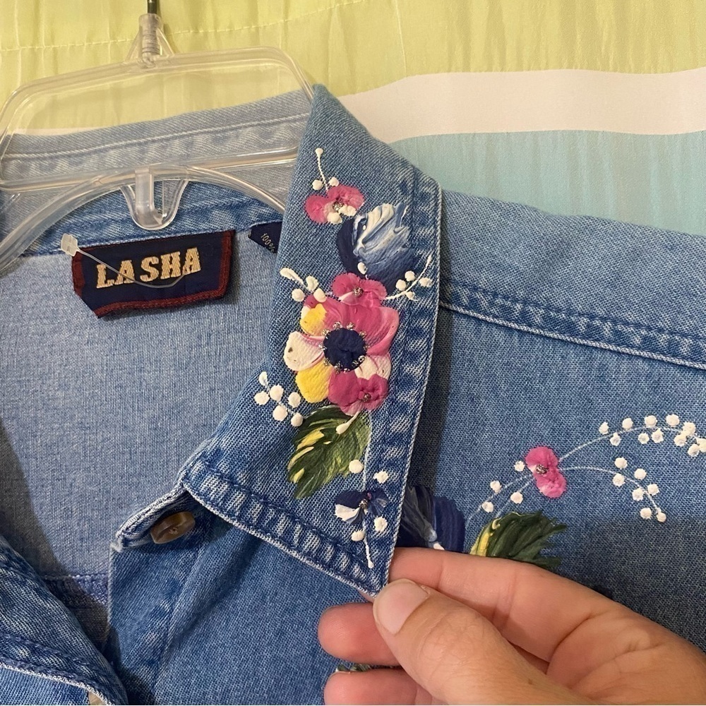 Vintage Denim Hand Painted Floral Top Cotton Wearable Art Sz XL - Picture 5 of 8